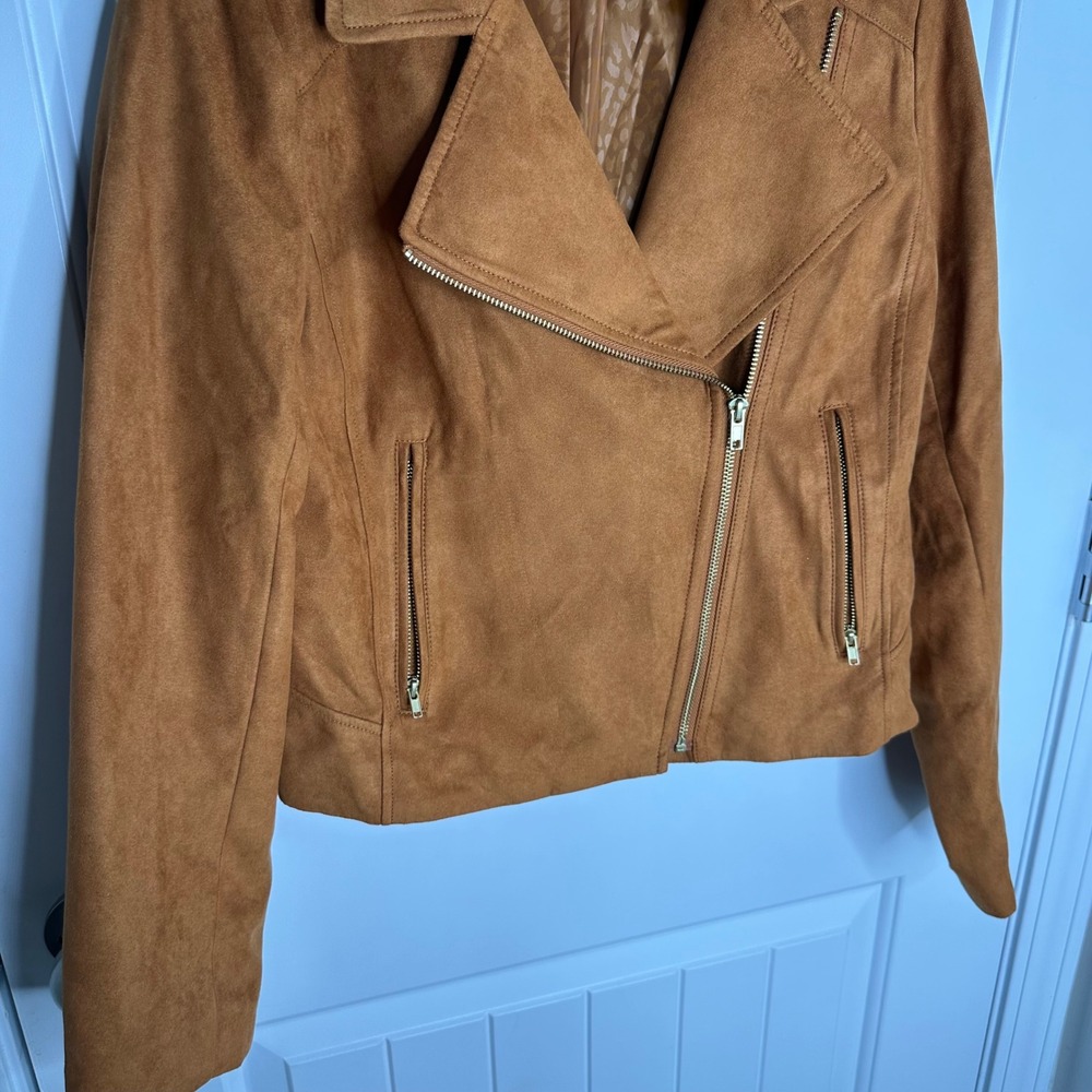 J Crew faux suede tan camel motorcycle full zip jacket size XS mob wife - Picture 4 of 8